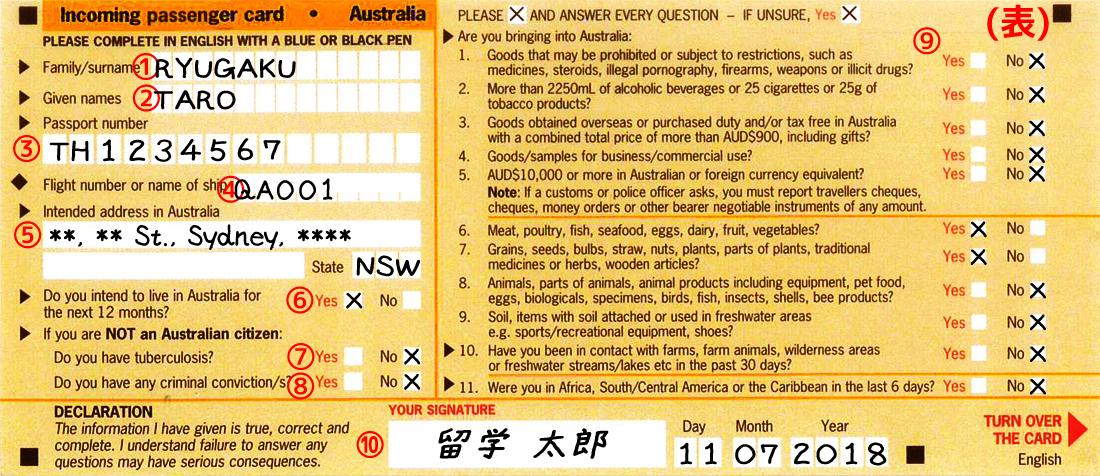 入国カード記入例(表)